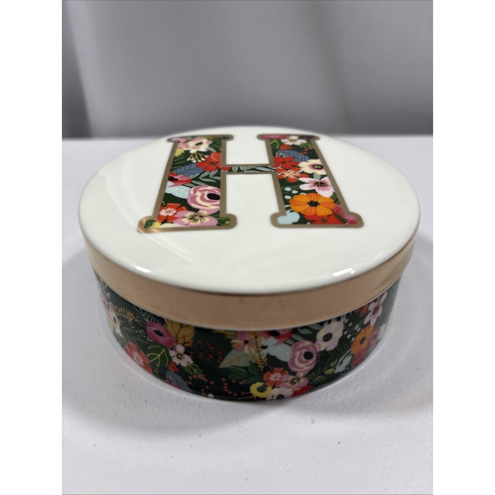 Mia Charro Porcelain Monogram Letter H Trinket Box Lidded 4.5" X 1.75" EUC